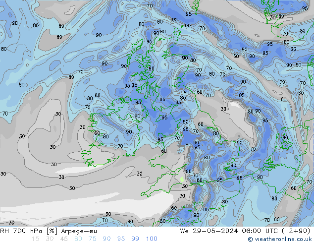 RH 700 hPa Arpege-eu We 29.05.2024 06 UTC