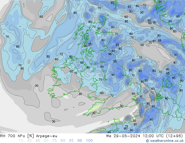 RH 700 гПа Arpege-eu ср 29.05.2024 12 UTC