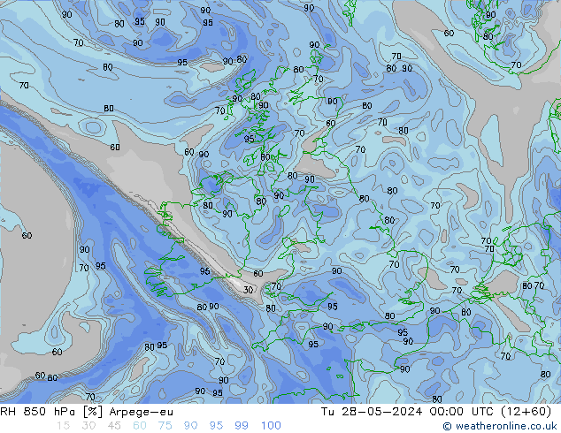 RH 850 гПа Arpege-eu вт 28.05.2024 00 UTC