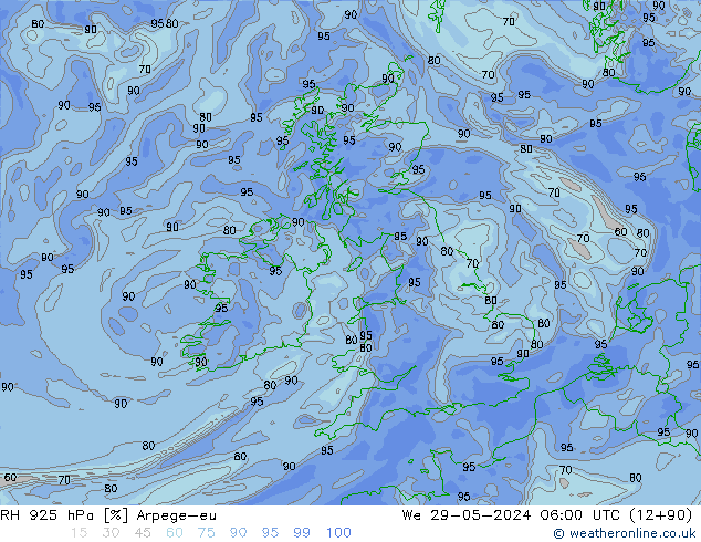 RH 925 hPa Arpege-eu We 29.05.2024 06 UTC