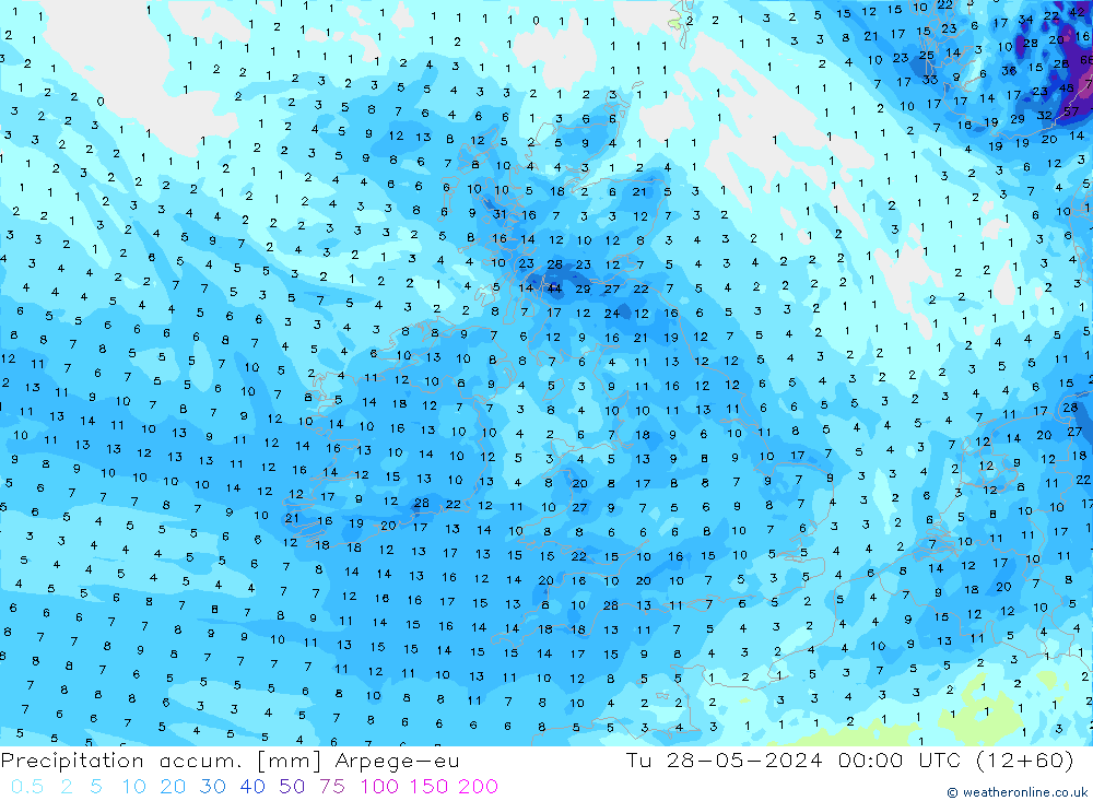 Precipitation accum. Arpege-eu  28.05.2024 00 UTC