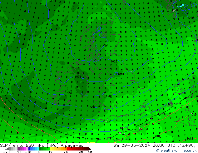 SLP/Temp. 850 hPa Arpege-eu  29.05.2024 06 UTC