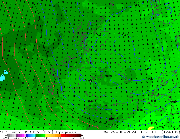 SLP/Temp. 850 hPa Arpege-eu Mi 29.05.2024 18 UTC