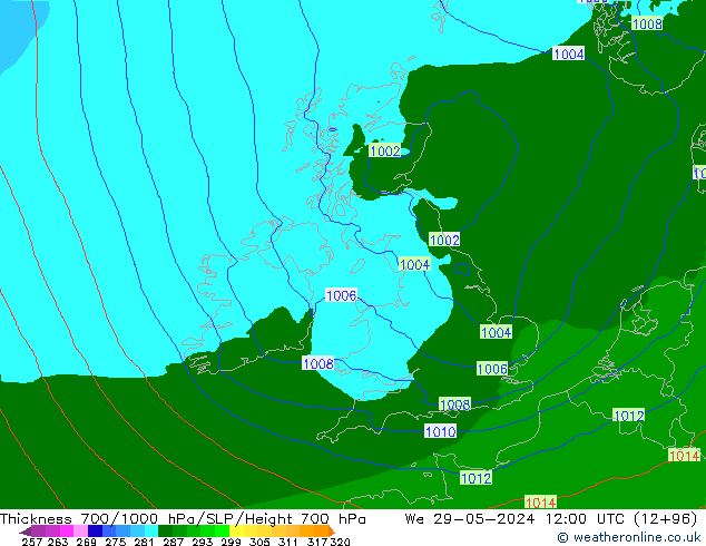 Thck 700-1000 hPa Arpege-eu We 29.05.2024 12 UTC