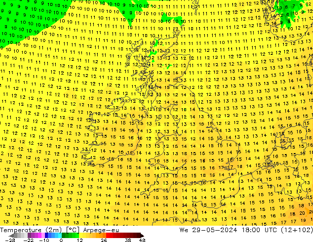 Temperatura (2m) Arpege-eu Qua 29.05.2024 18 UTC