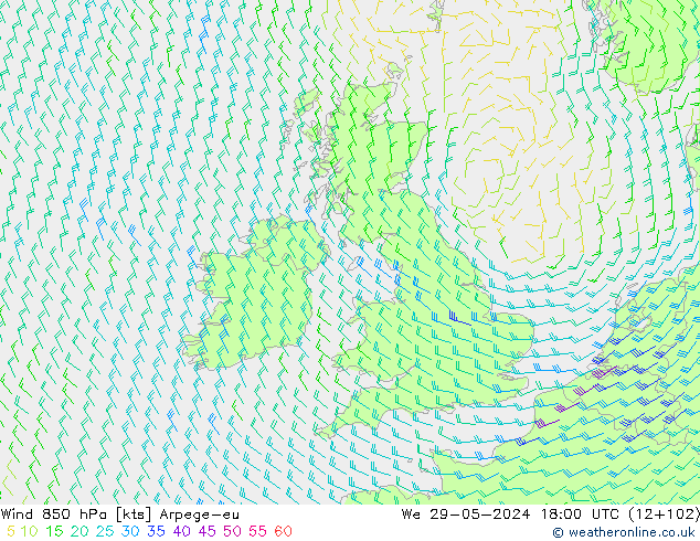 Vento 850 hPa Arpege-eu Qua 29.05.2024 18 UTC