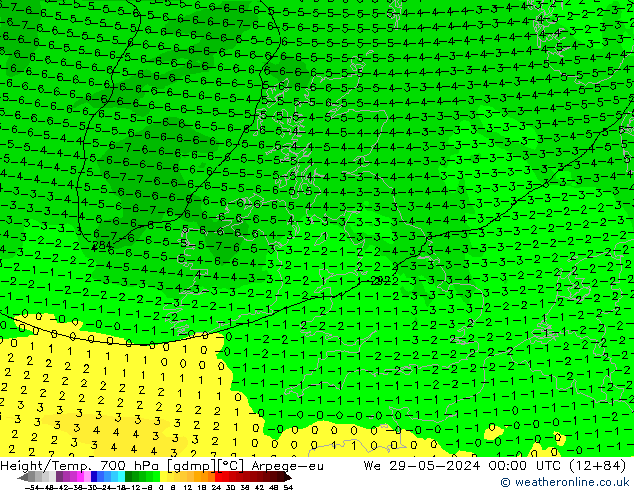 Height/Temp. 700 hPa Arpege-eu śro. 29.05.2024 00 UTC