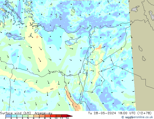 Surface wind (bft) Arpege-eu Tu 28.05.2024 18 UTC