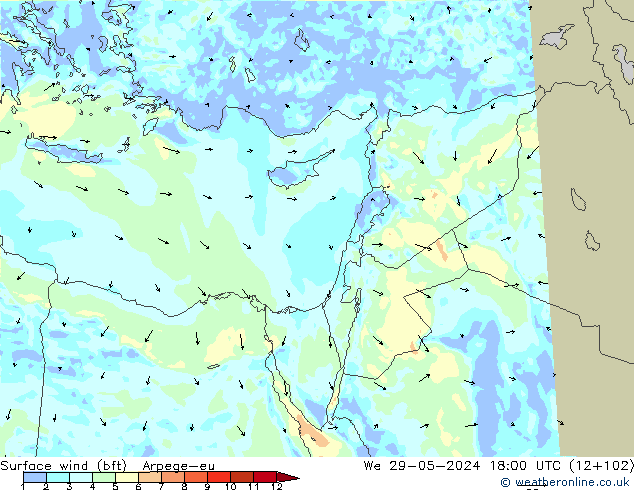 Surface wind (bft) Arpege-eu We 29.05.2024 18 UTC