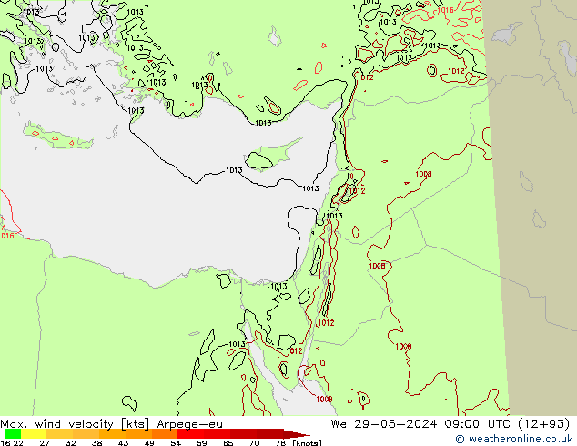 Max. wind snelheid Arpege-eu wo 29.05.2024 09 UTC