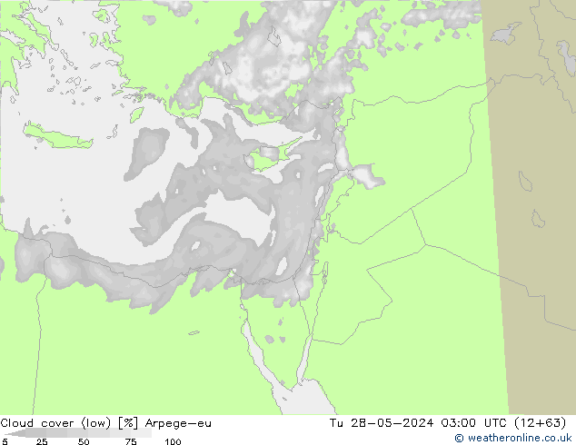 Cloud cover (low) Arpege-eu Tu 28.05.2024 03 UTC