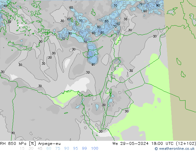 RH 850 hPa Arpege-eu We 29.05.2024 18 UTC