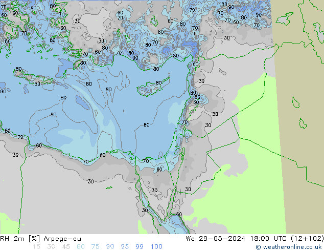 Humedad rel. 2m Arpege-eu mié 29.05.2024 18 UTC