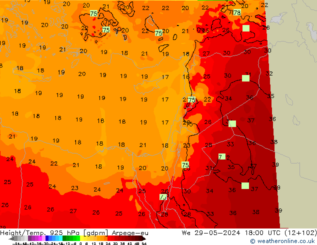 Geop./Temp. 925 hPa Arpege-eu mié 29.05.2024 18 UTC