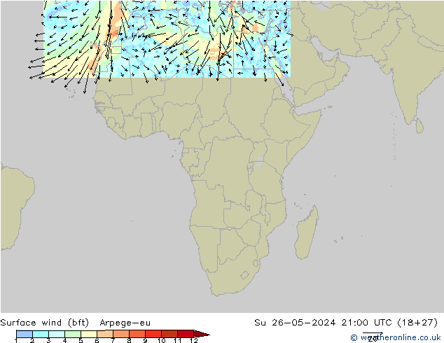 wiatr 10 m (bft) Arpege-eu nie. 26.05.2024 21 UTC