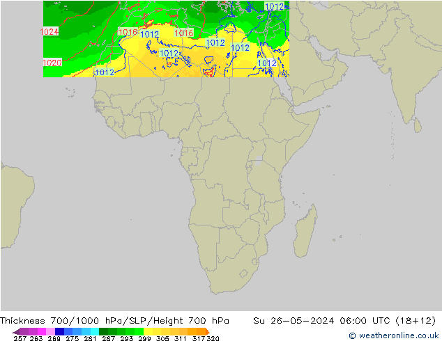 Thck 700-1000 гПа Arpege-eu Вс 26.05.2024 06 UTC