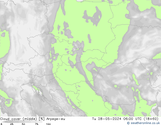 oblačnosti uprostřed Arpege-eu Út 28.05.2024 06 UTC