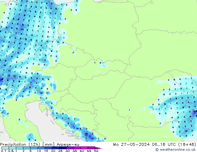 Totale neerslag (12h) Arpege-eu ma 27.05.2024 18 UTC