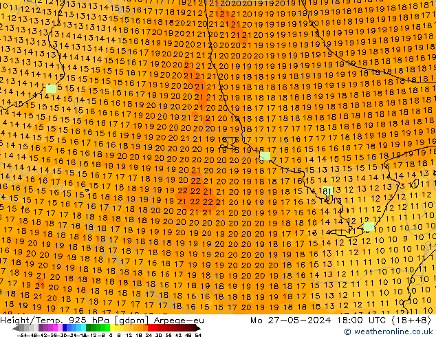 Height/Temp. 925 hPa Arpege-eu Mo 27.05.2024 18 UTC