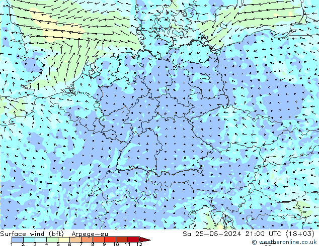 Surface wind (bft) Arpege-eu So 25.05.2024 21 UTC
