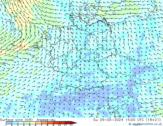 Surface wind (bft) Arpege-eu Su 26.05.2024 15 UTC