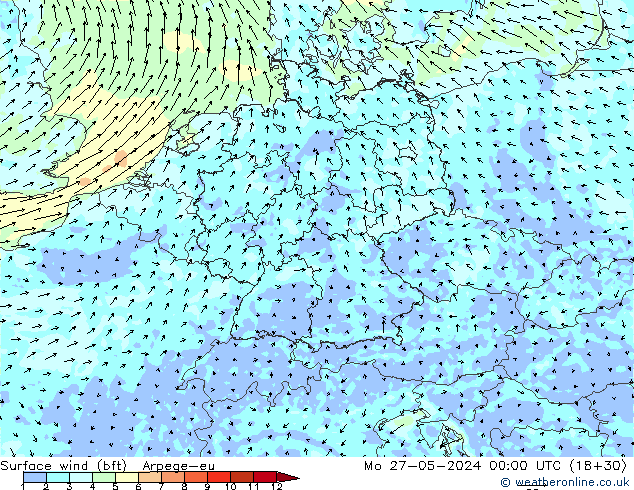 wiatr 10 m (bft) Arpege-eu pon. 27.05.2024 00 UTC