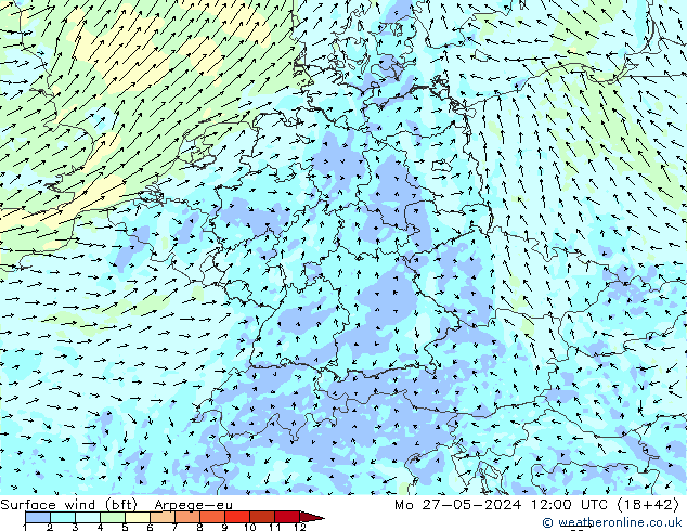 Surface wind (bft) Arpege-eu Mo 27.05.2024 12 UTC