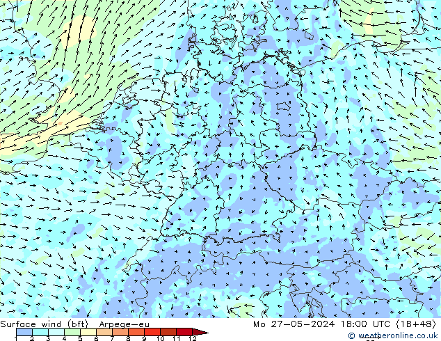 Wind 10 m (bft) Arpege-eu ma 27.05.2024 18 UTC