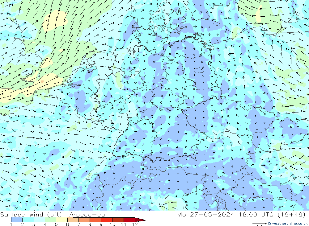 Wind 10 m (bft) Arpege-eu ma 27.05.2024 18 UTC