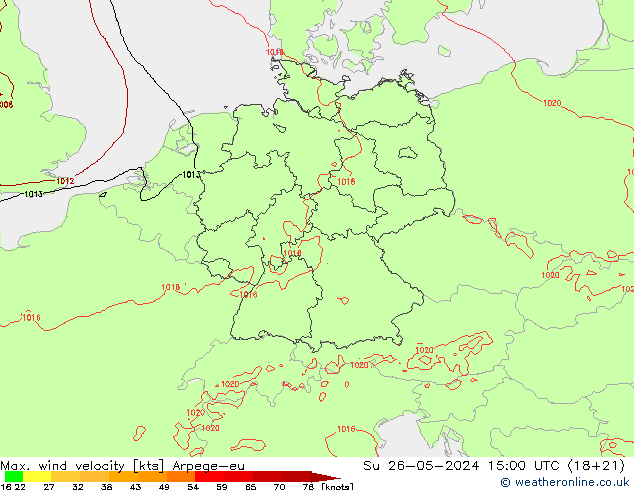 Max. wind snelheid Arpege-eu zo 26.05.2024 15 UTC