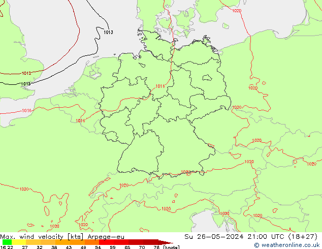 Max. wind velocity Arpege-eu Ne 26.05.2024 21 UTC