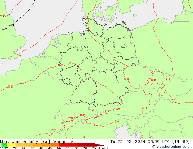 Max. wind velocity Arpege-eu mar 28.05.2024 06 UTC