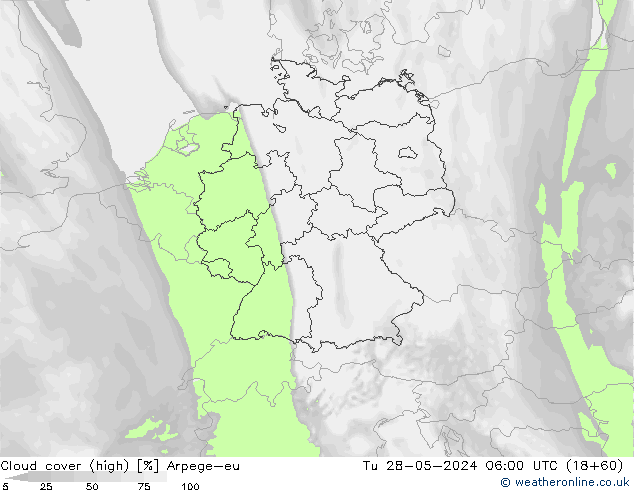 Cloud cover (high) Arpege-eu Tu 28.05.2024 06 UTC