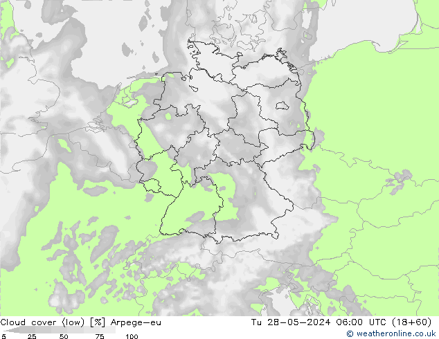 Cloud cover (low) Arpege-eu Tu 28.05.2024 06 UTC