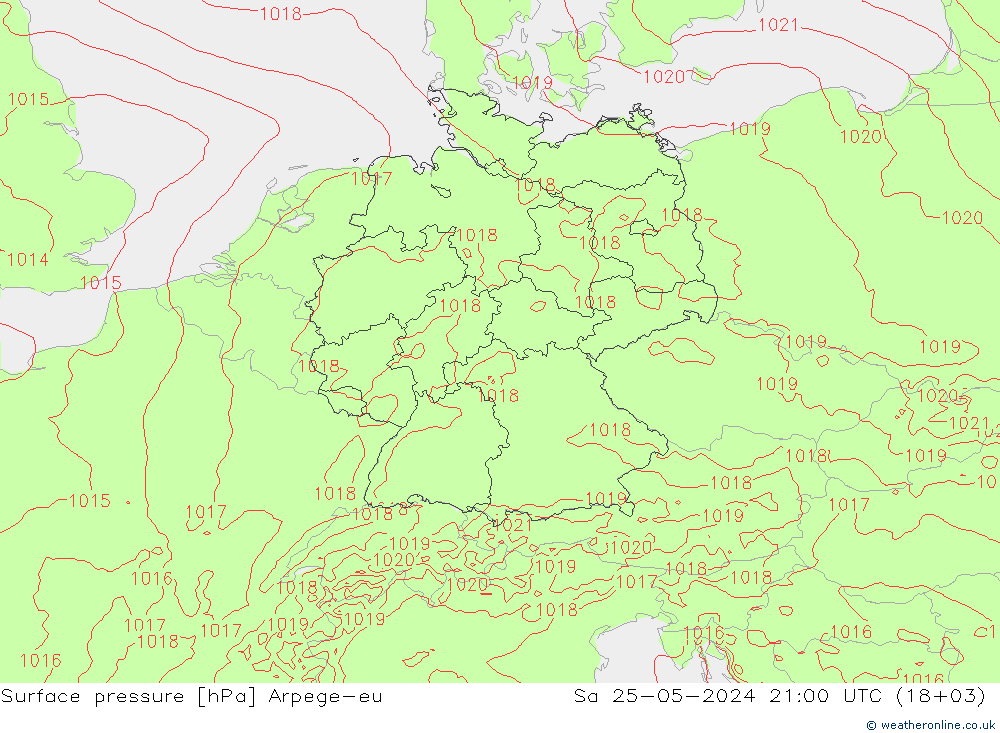 Atmosférický tlak Arpege-eu So 25.05.2024 21 UTC