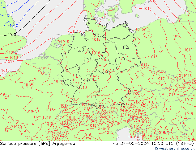 Atmosférický tlak Arpege-eu Po 27.05.2024 15 UTC