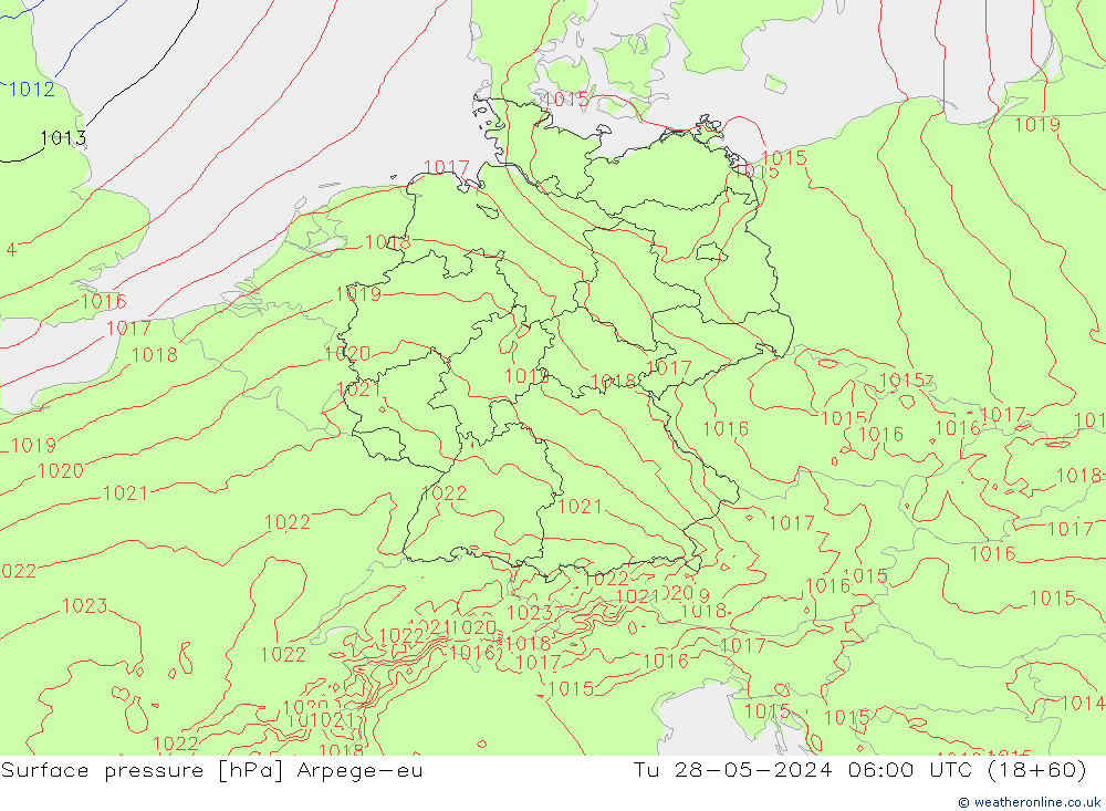 Atmosférický tlak Arpege-eu Út 28.05.2024 06 UTC