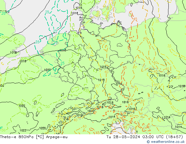 Theta-e 850hPa Arpege-eu di 28.05.2024 03 UTC