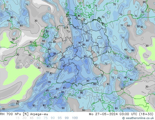 RH 700 hPa Arpege-eu Seg 27.05.2024 03 UTC