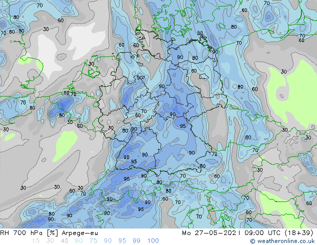 Humidité rel. 700 hPa Arpege-eu lun 27.05.2024 09 UTC