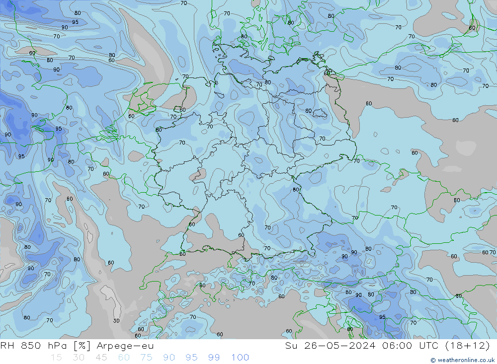 Humedad rel. 850hPa Arpege-eu dom 26.05.2024 06 UTC