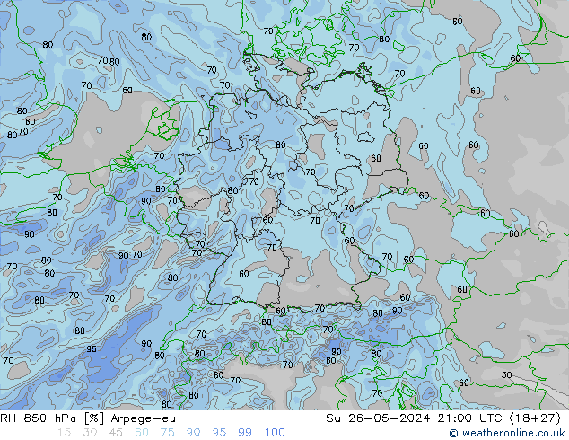 RH 850 hPa Arpege-eu Su 26.05.2024 21 UTC