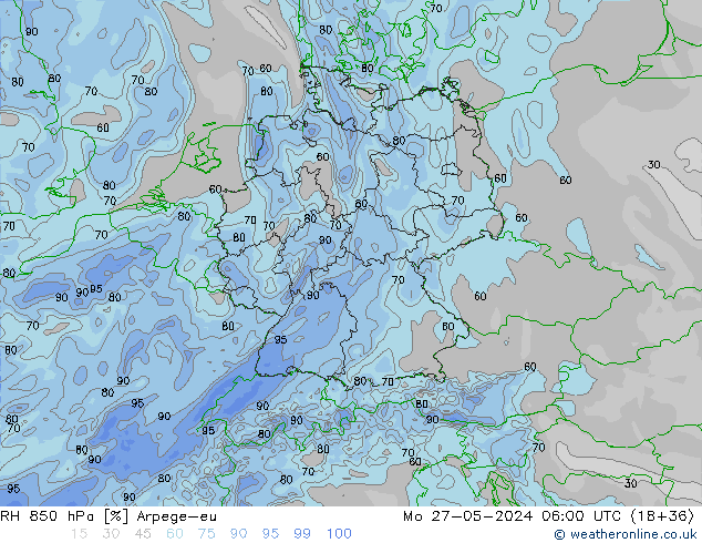 Humidité rel. 850 hPa Arpege-eu lun 27.05.2024 06 UTC