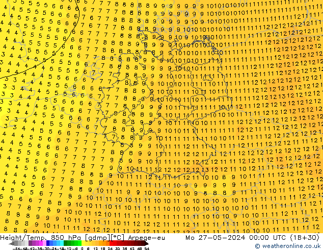 Géop./Temp. 850 hPa Arpege-eu lun 27.05.2024 00 UTC