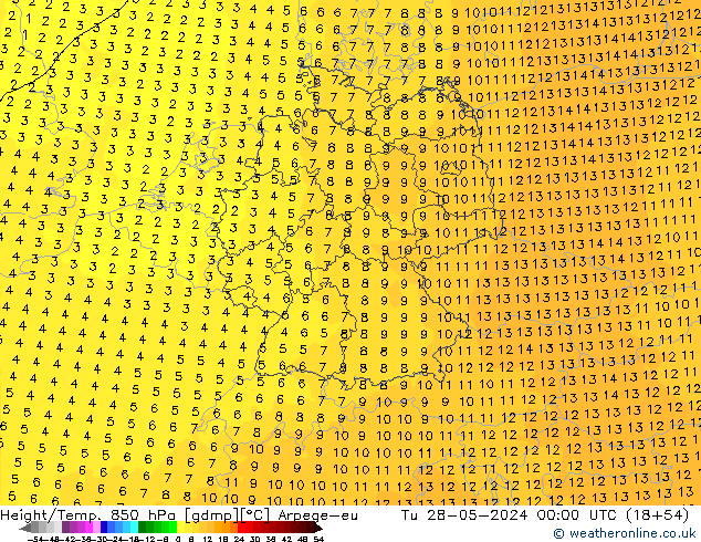 Géop./Temp. 850 hPa Arpege-eu mar 28.05.2024 00 UTC