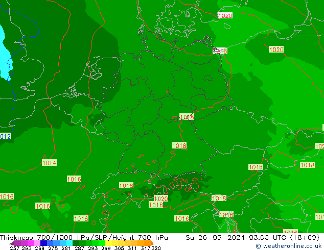 Thck 700-1000 hPa Arpege-eu Su 26.05.2024 03 UTC