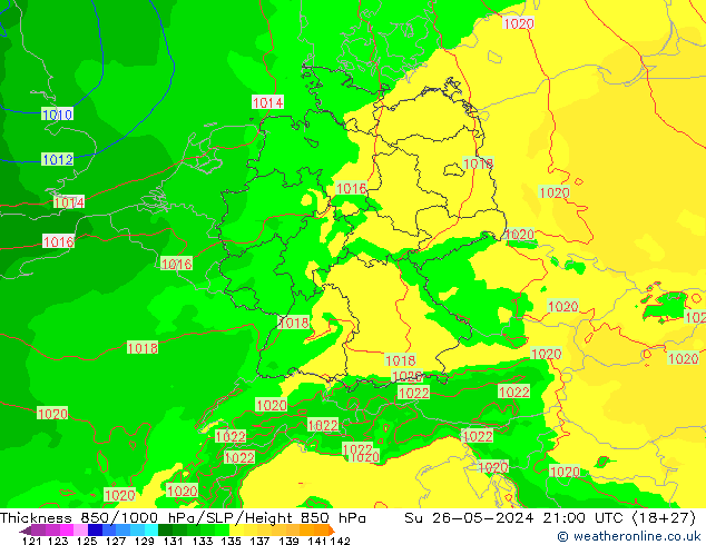 Espesor 850-1000 hPa Arpege-eu dom 26.05.2024 21 UTC