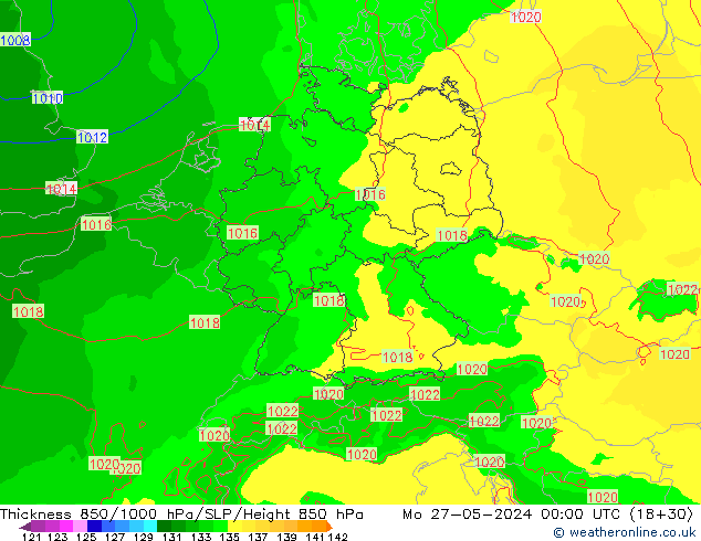 Thck 850-1000 гПа Arpege-eu пн 27.05.2024 00 UTC