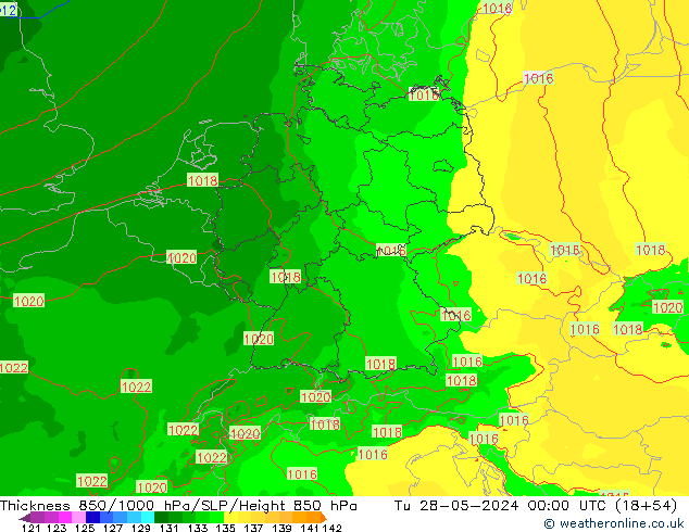 Thck 850-1000 hPa Arpege-eu Tu 28.05.2024 00 UTC