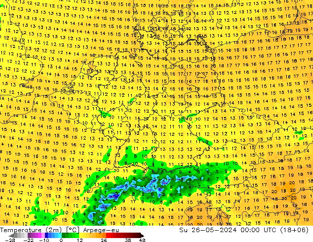 Temperature (2m) Arpege-eu Ne 26.05.2024 00 UTC